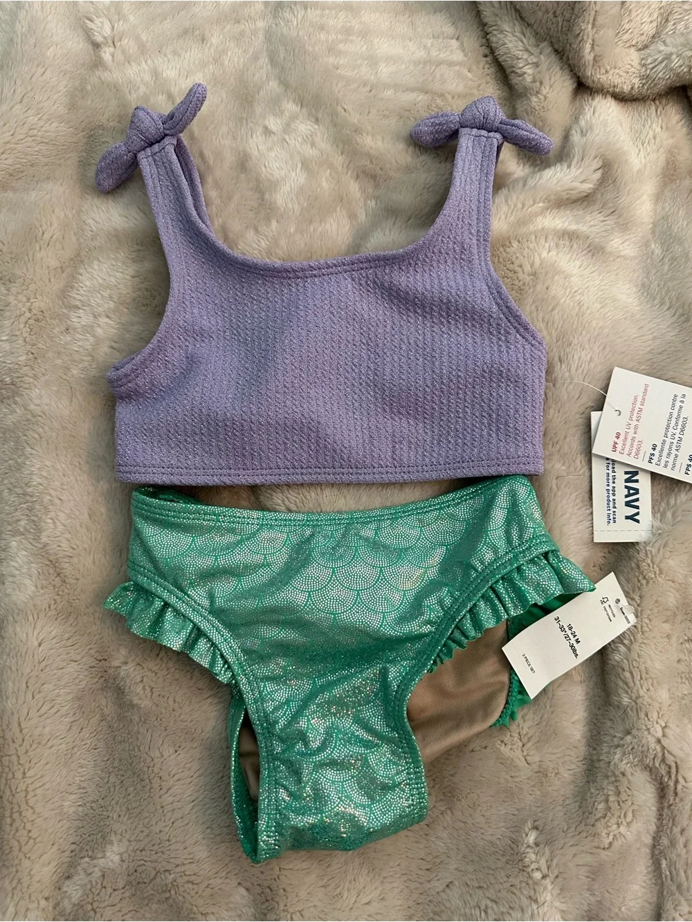 Old Navy Lavender Tankini Top and Shimmery Green Mermaid Bottoms